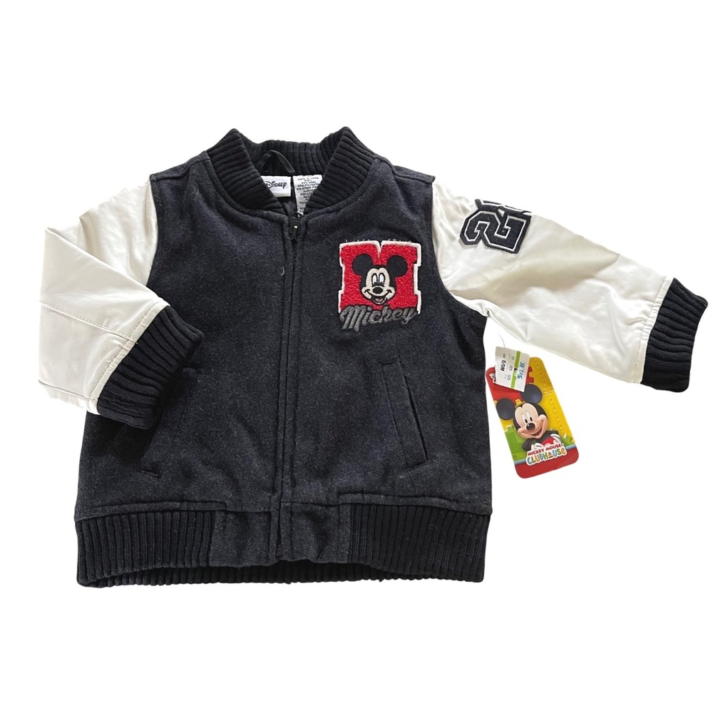 Disney Varsity Jacket Baby 6-9M Grey White Mickey Mouse Letterman Chenille Wool